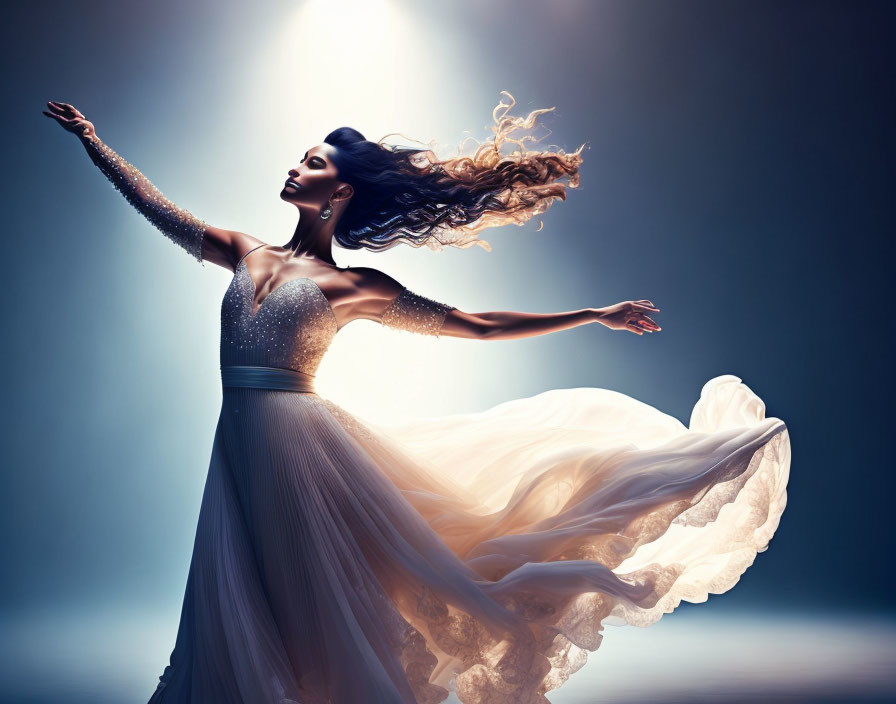 Expressive woman in flowing gown dancing against dark backdrop