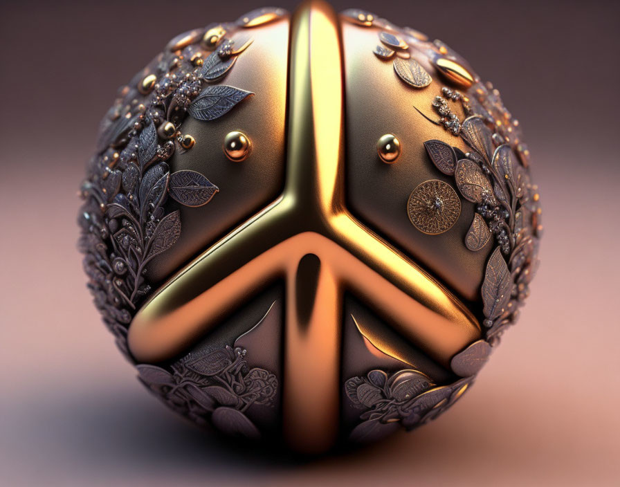 Ornate 3D-rendered metallic sphere with floral patterns and peace symbol on warm glowing background