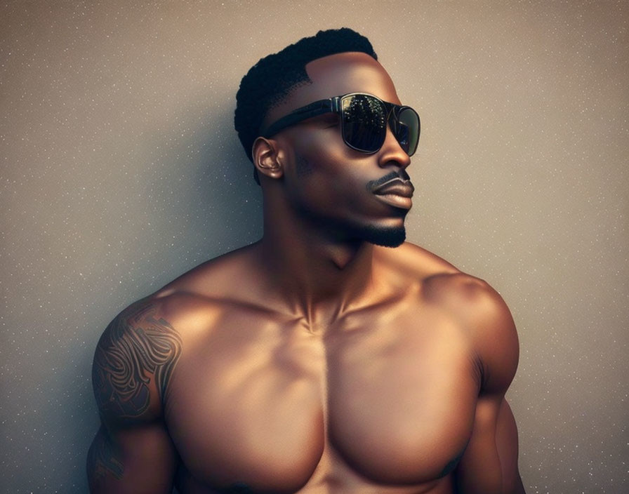 Muscular Shirtless Man with Sunglasses and Tattoo on Shoulder