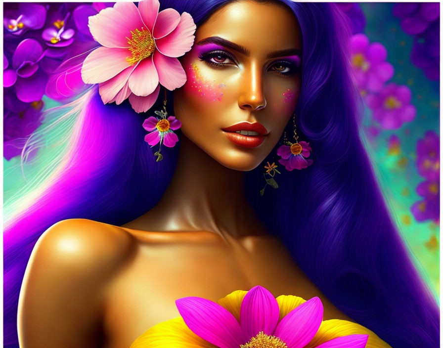 Colorful Illustration of Woman with Purple Hair and Pink Flowers