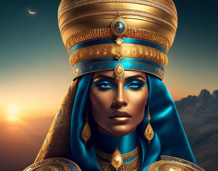 Blue-skinned woman in gold headdress with mountain sunset scene