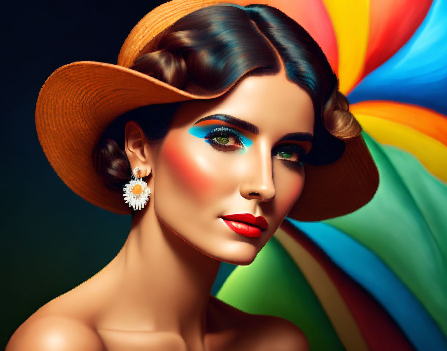 Woman with vibrant makeup and orange hat against colorful background