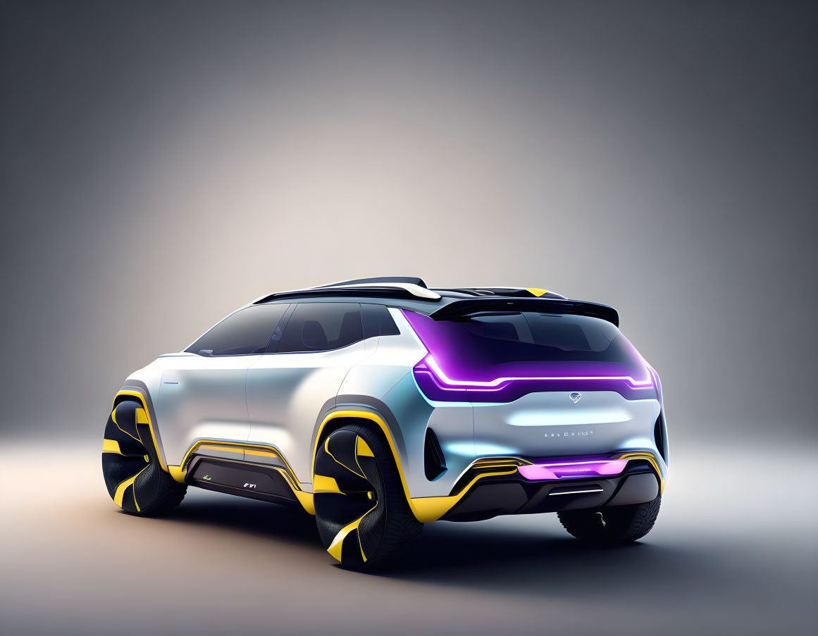 Futuristic White SUV Concept with Neon Yellow and Purple Highlights