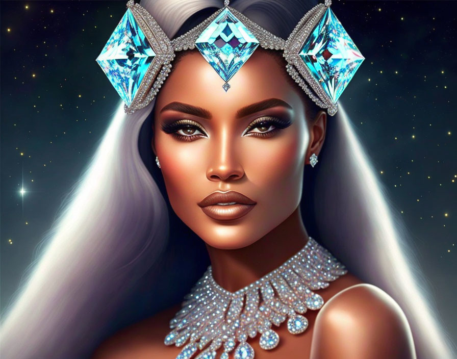 Woman with striking makeup and diamond jewelry under starry night sky