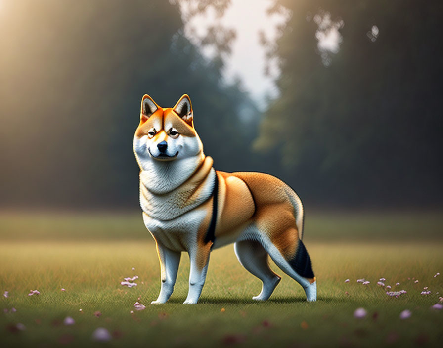 Shiba Inu in Field with Flowers and Trees