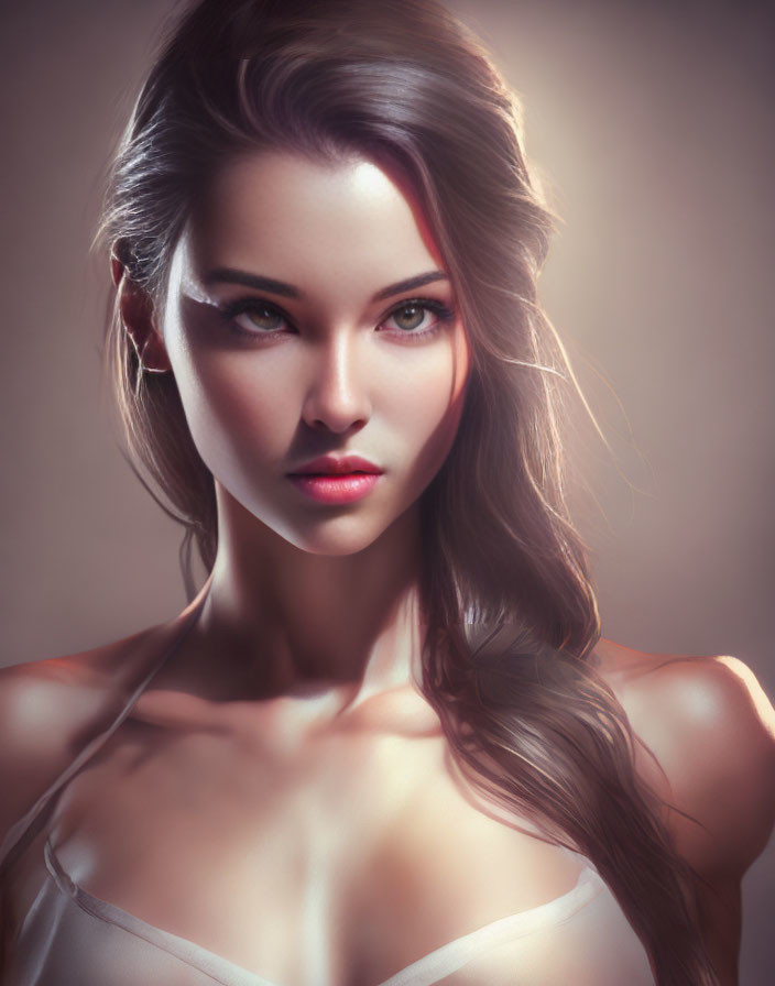 Digital artwork: Woman with flowing brunette hair and captivating gaze.