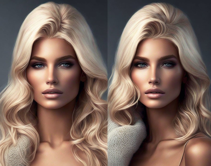 Blonde woman with blue eyes in two portraits with lighting differences