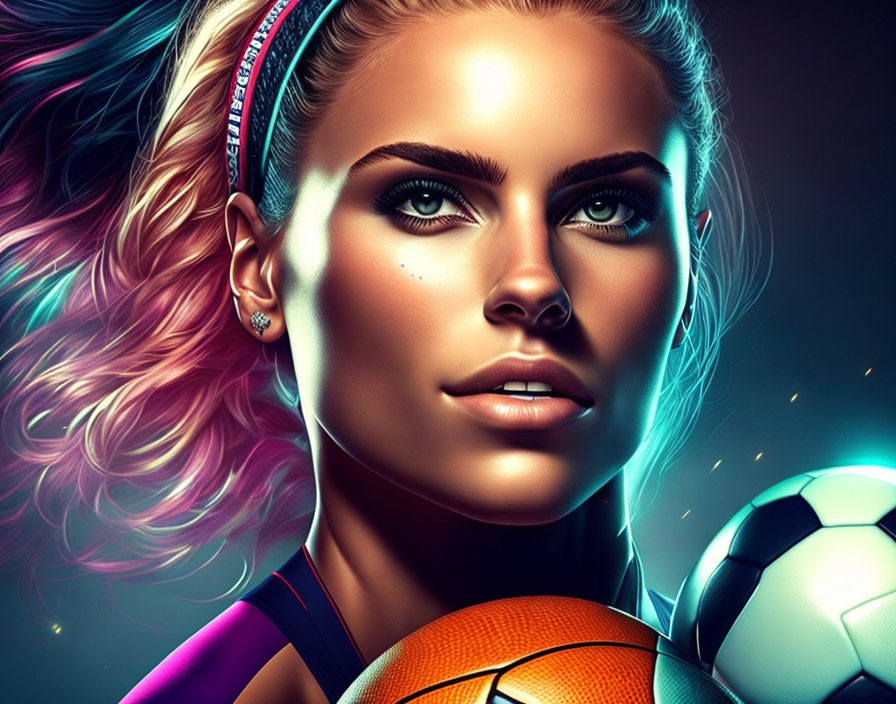 Woman with blue eyes and pink hair holding sports balls in neon-lit digital art