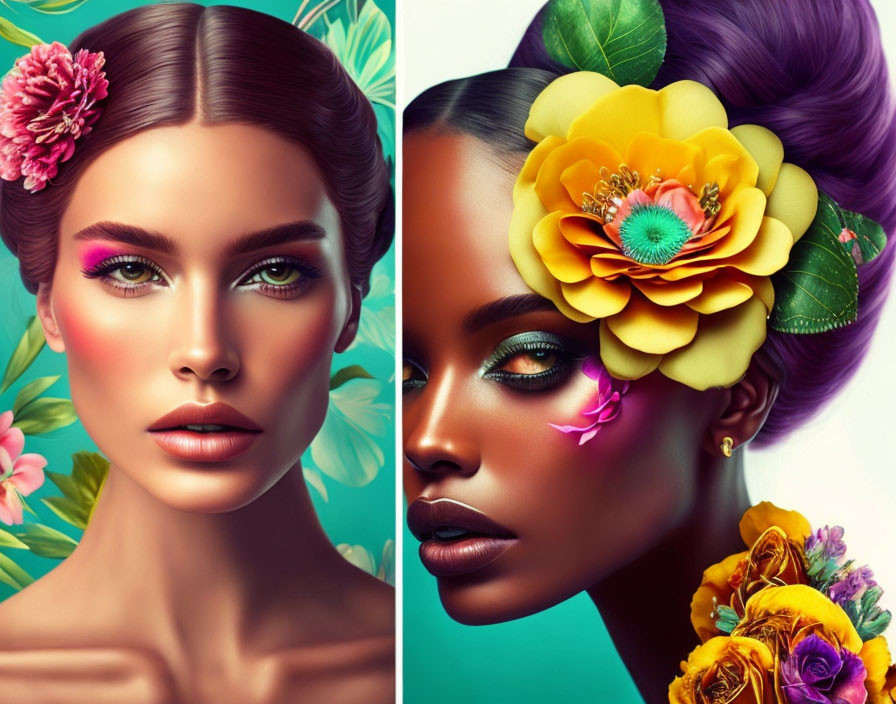 Colorful portraits of women with vibrant makeup and floral hair against tropical backgrounds