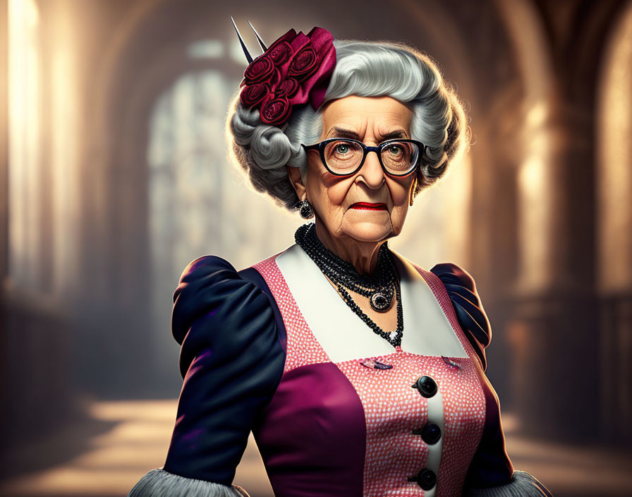 Elder woman in vintage attire with grey hair and glasses in grand hallway