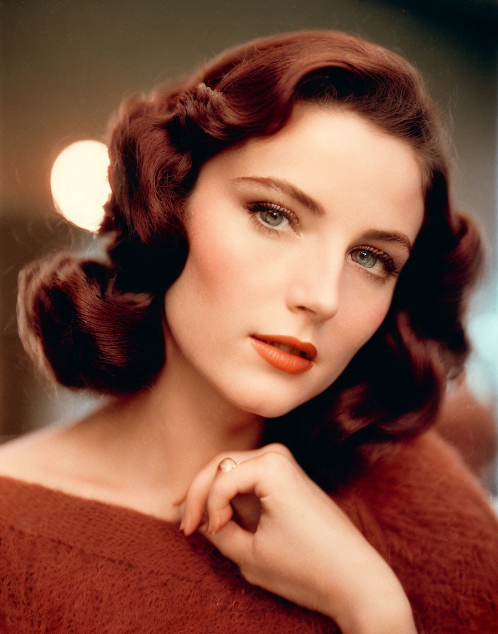 Vintage Portrait of Woman with Curled Brunette Hair and Red Lipstick