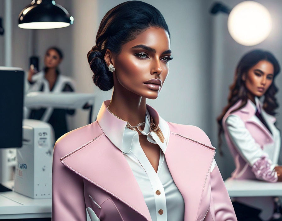 Fashionable woman in pink blazer and braid with bold style, second woman in background