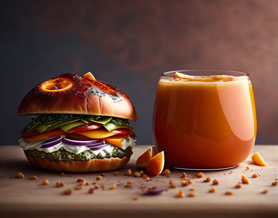 Gourmet burger with toppings and orange juice on wooden surface