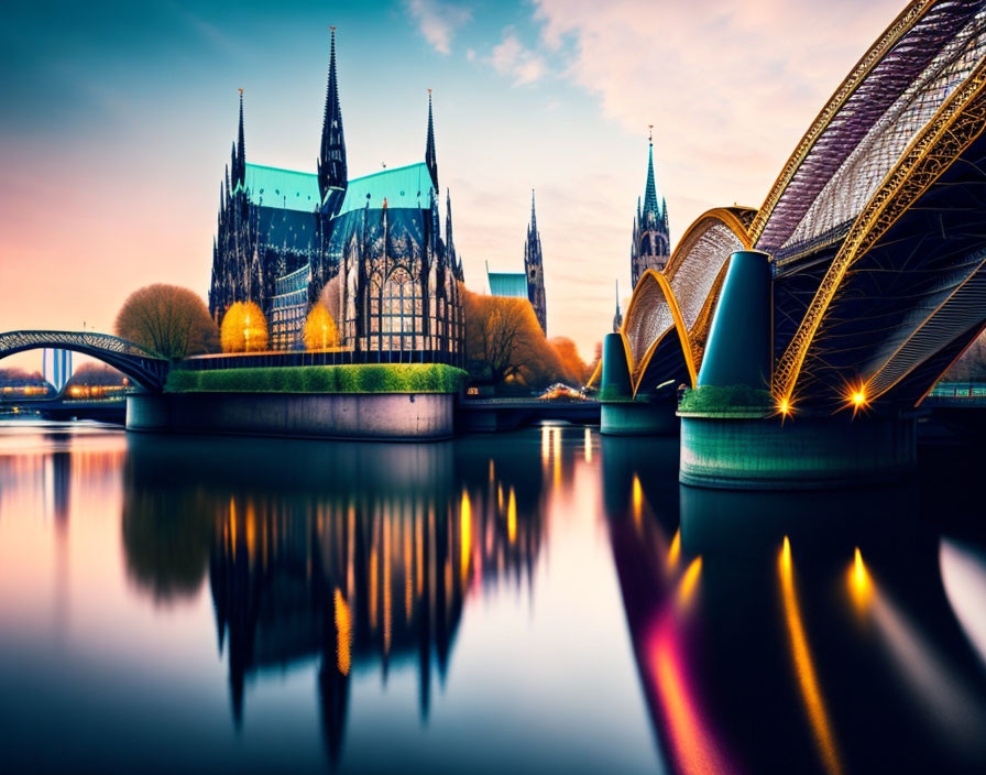 Gothic cathedral and arched bridge reflected in twilight river