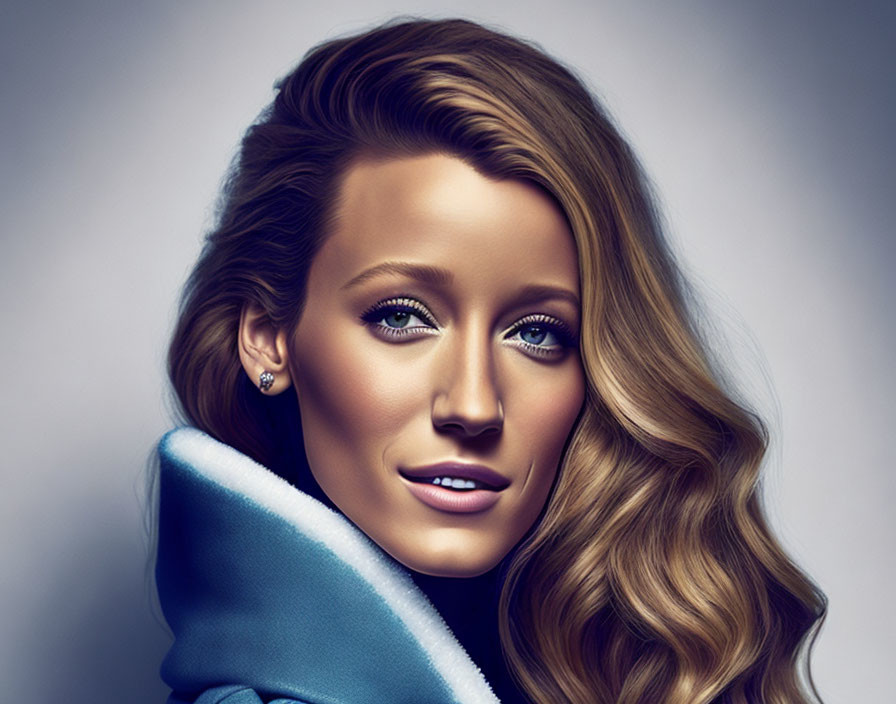 Digital portrait of woman with long wavy hair and blue eyes in blue jacket.