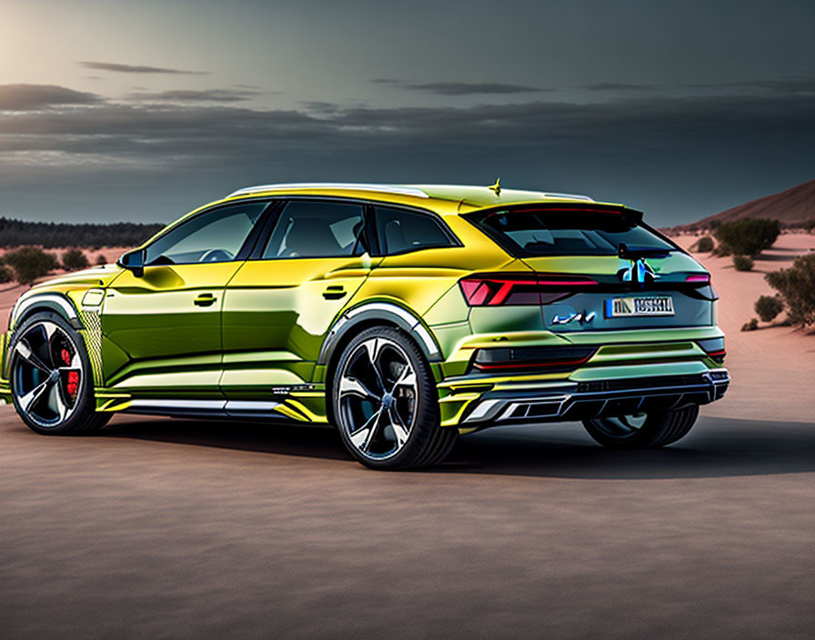 Vibrant Green and Yellow SUV with Sporty Design in Desert Twilight