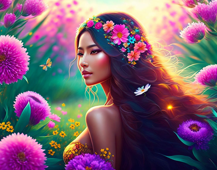 Digital Artwork: Woman with Flowing Hair, Flowers, Pink Blooms, Butterflies