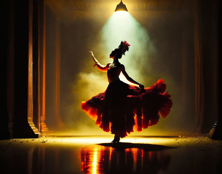 Silhouette of dancer in red skirt on stage under dramatic spotlight