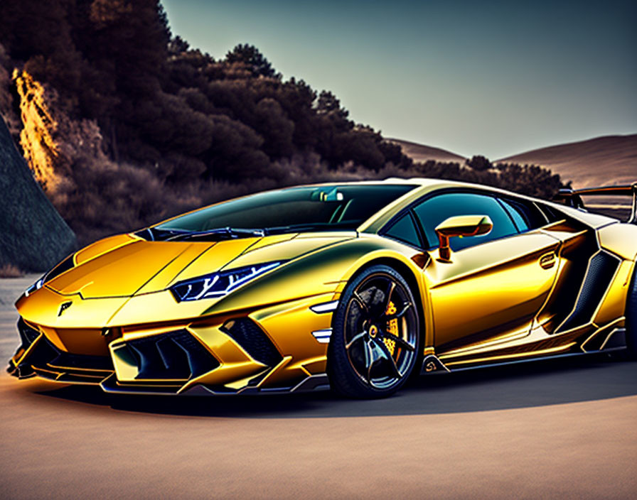 Luxurious yellow Lamborghini sports car parked outdoors at dusk