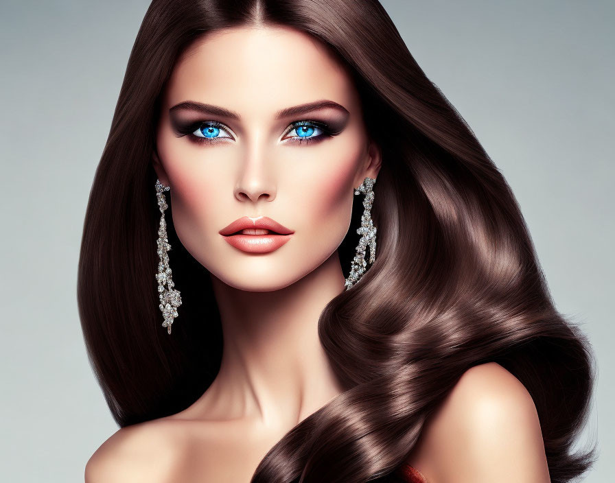 Woman with Long Brown Hair and Blue Eyes Wearing Diamond Earrings