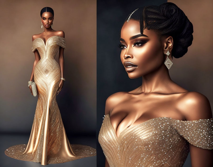 Shimmering off-the-shoulder gold gown with diamond accessories and braided updo