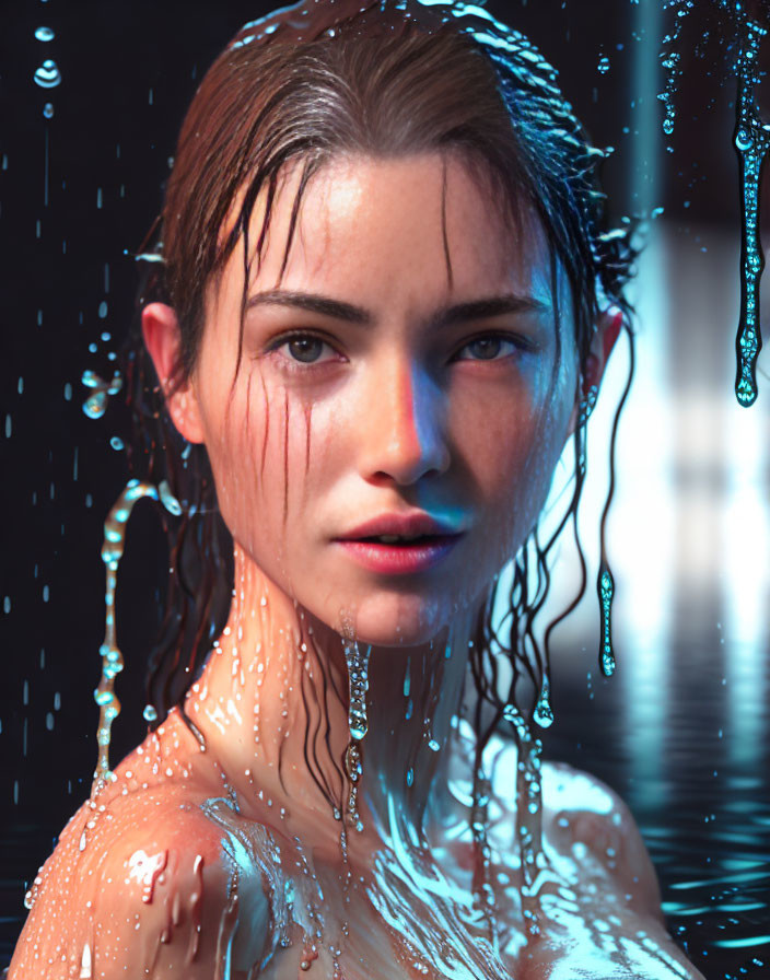 Woman with Wet Hair and Skin in Blue Lighting with Water Droplets