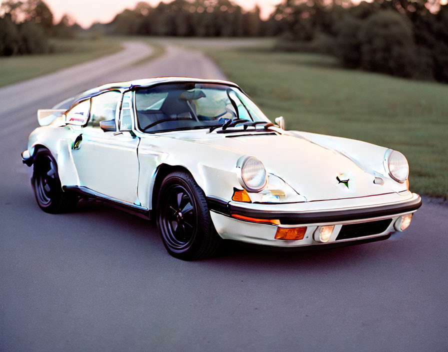 Vintage White Porsche with Black Trim Parked on Grass Road at Dusk