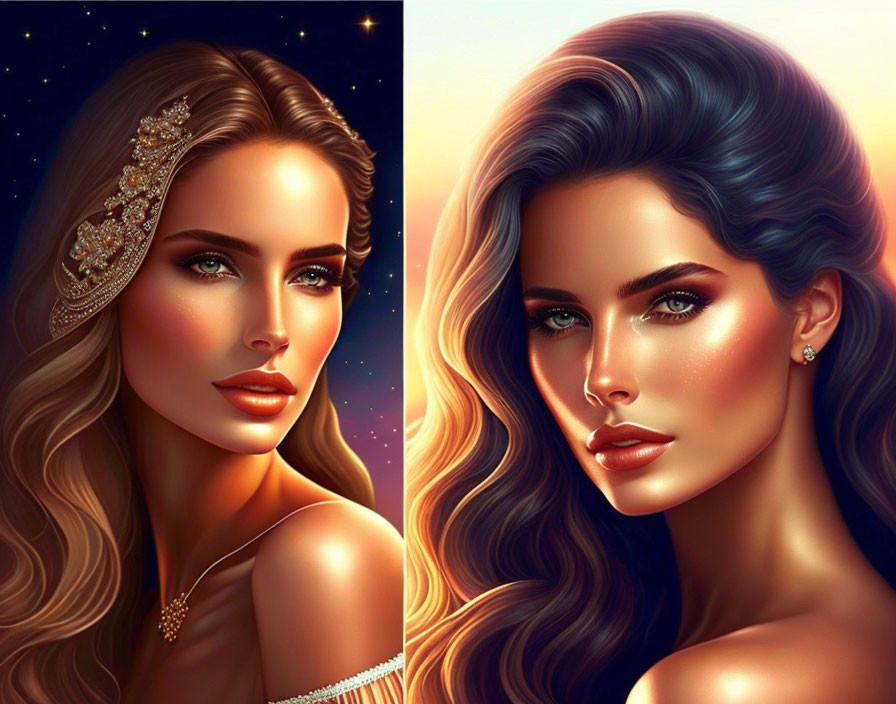 Illustration of woman with wavy hair in two versions: one with starry background and tiara