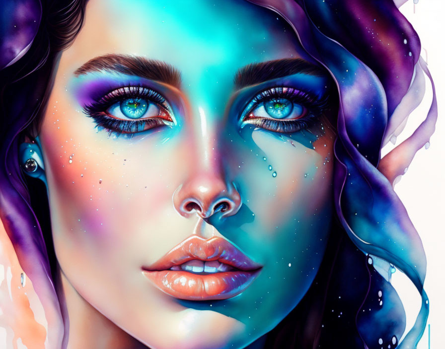 Vibrant digital portrait of a woman with blue and purple hues