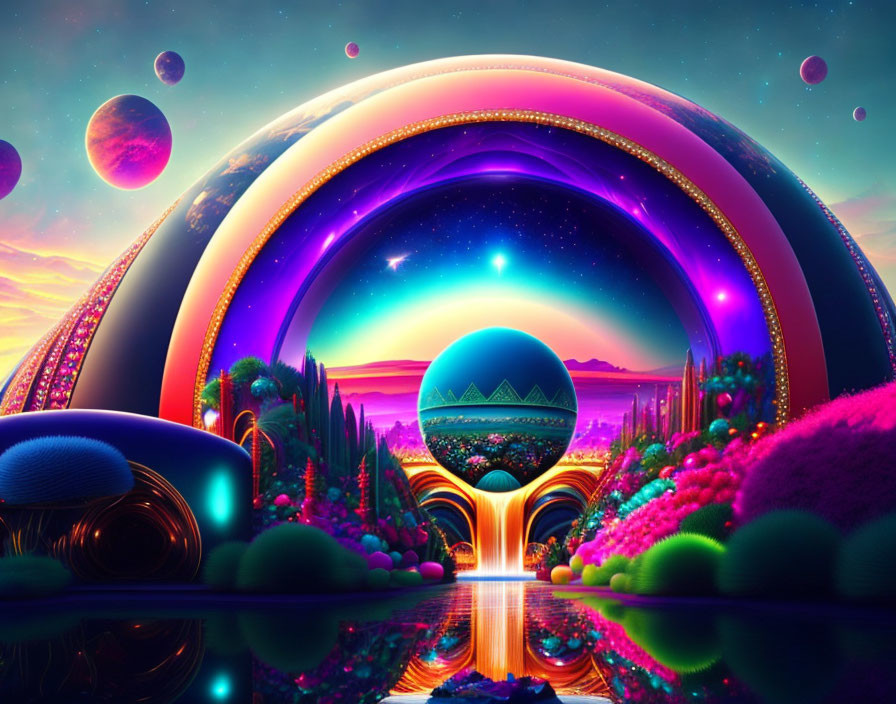 Colorful surreal landscape with glowing archway and cosmic backdrop