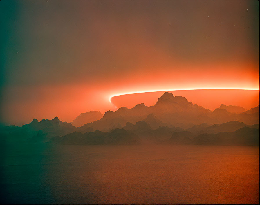 Mountain range and sunset over water body with orange sky glow