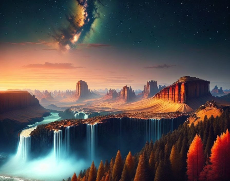 Vibrant landscape with mesas, waterfalls, river, colorful forests under starry sky