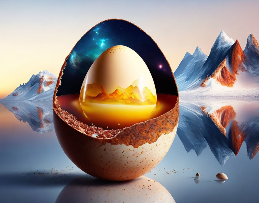 Surreal landscape with cracked cosmic egg, mountains, stars, sun, reflected on water surface