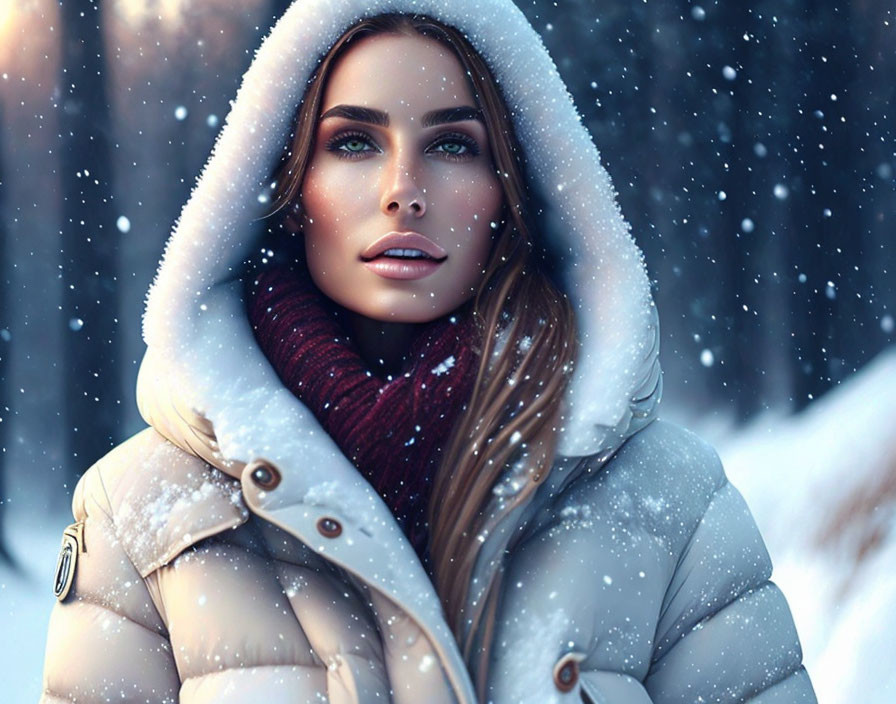 Woman in Winter Coat with Captivating Eyes Amid Falling Snowflakes