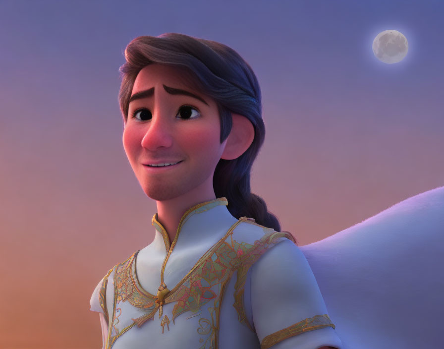 Gentle smile animated character in light tunic against twilight sky