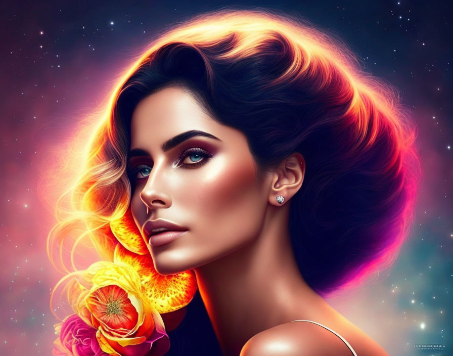 Vibrant cosmic-inspired digital artwork of a woman with luminescent skin and bright flowers against a