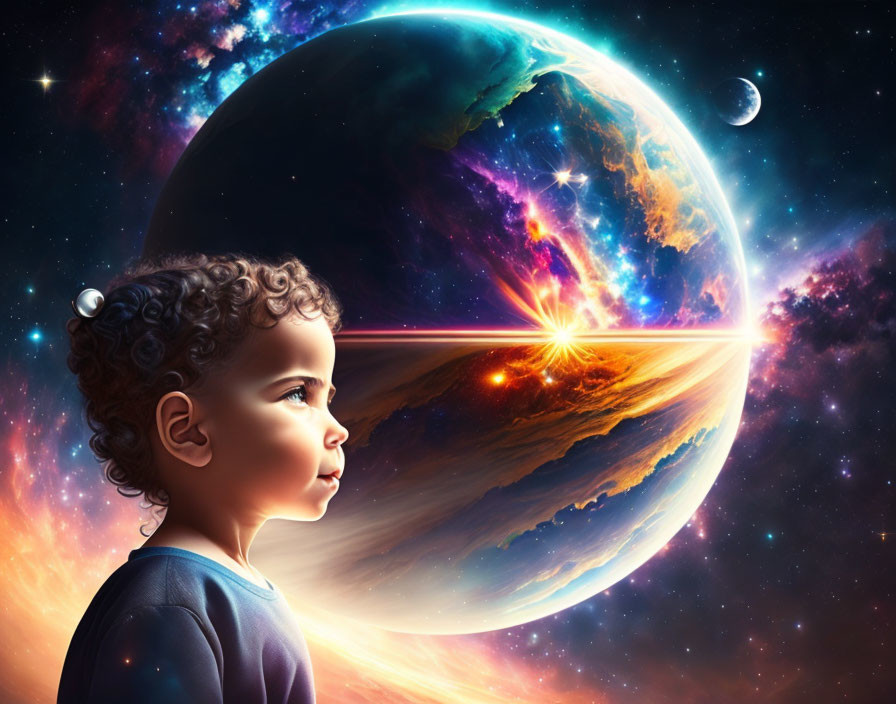 Child observing colorful cosmic scene with planet, starburst, and celestial bodies.