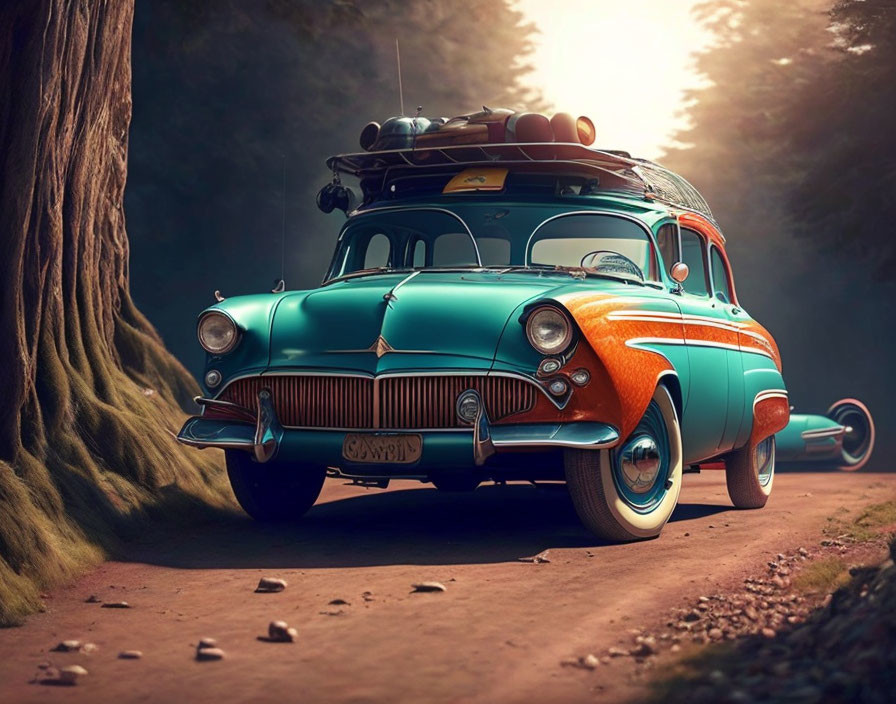 Vintage turquoise car with luggage driving on forest road in warm light