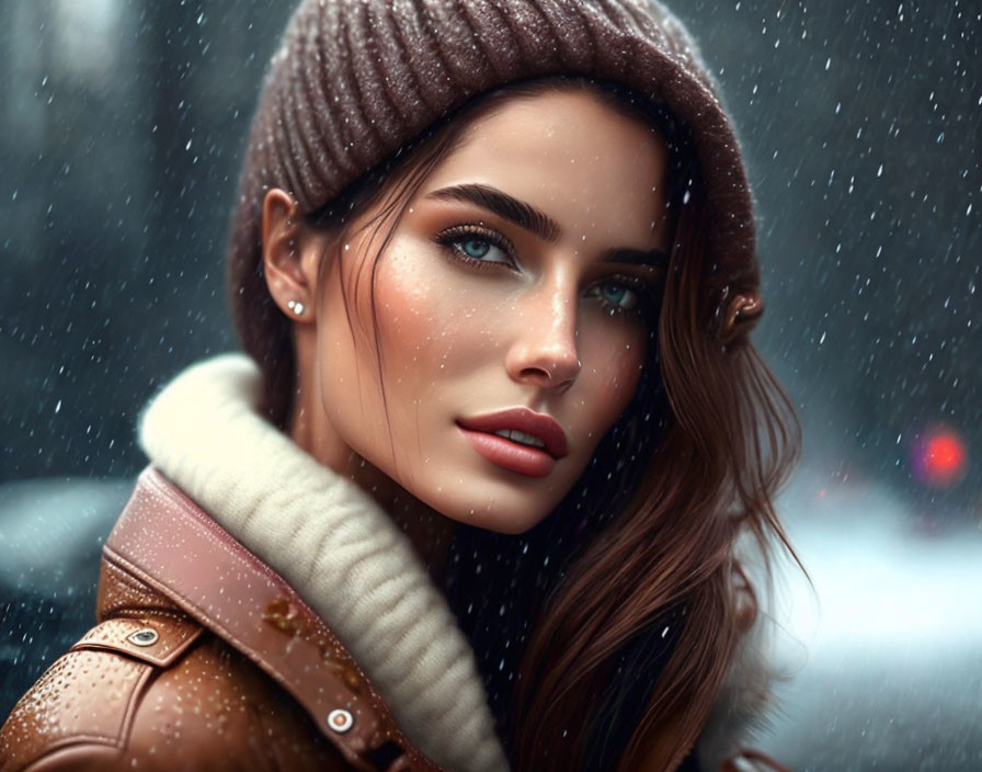 Portrait of woman with blue eyes and brunette hair in snowfall.