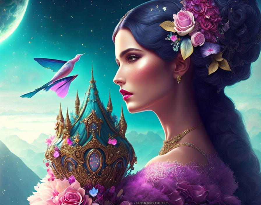 Fantastical portrait of woman with floral hair accessories, hummingbird, and whimsical castle against star