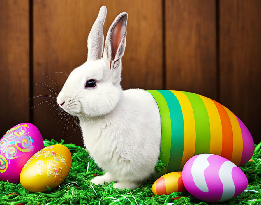 White Rabbit with Colorful Easter Eggs on Green Grass and Wooden Backdrop