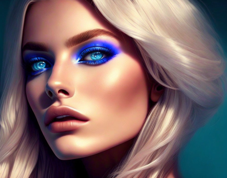 Portrait of Woman with Striking Blue Eyes and Bold Blue Eyeshadow