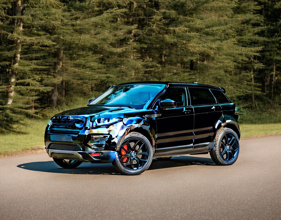 Luxury Black SUV Parked in Greenery on Asphalt Road