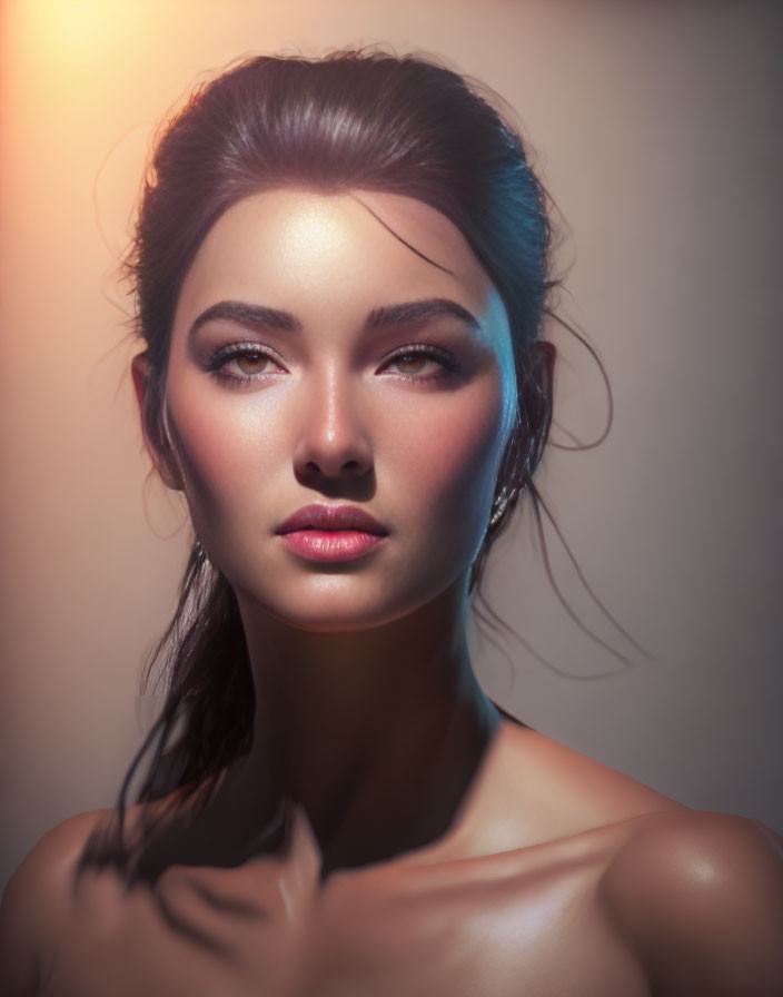 Portrait of woman with striking makeup and serene expression in soft lighting against gradient background