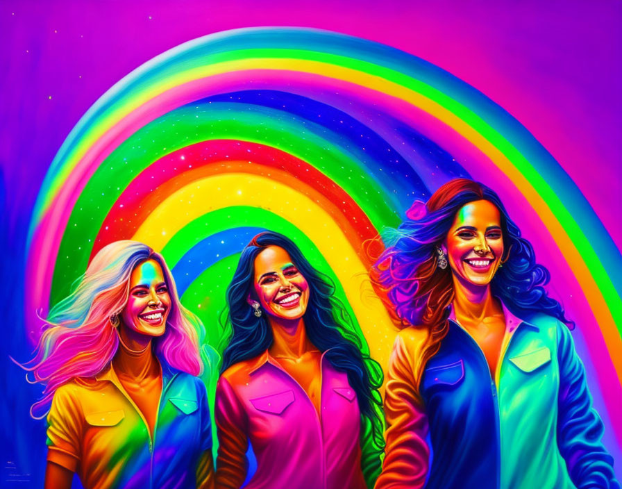 Vibrant rainbow and psychedelic art style with three smiling women