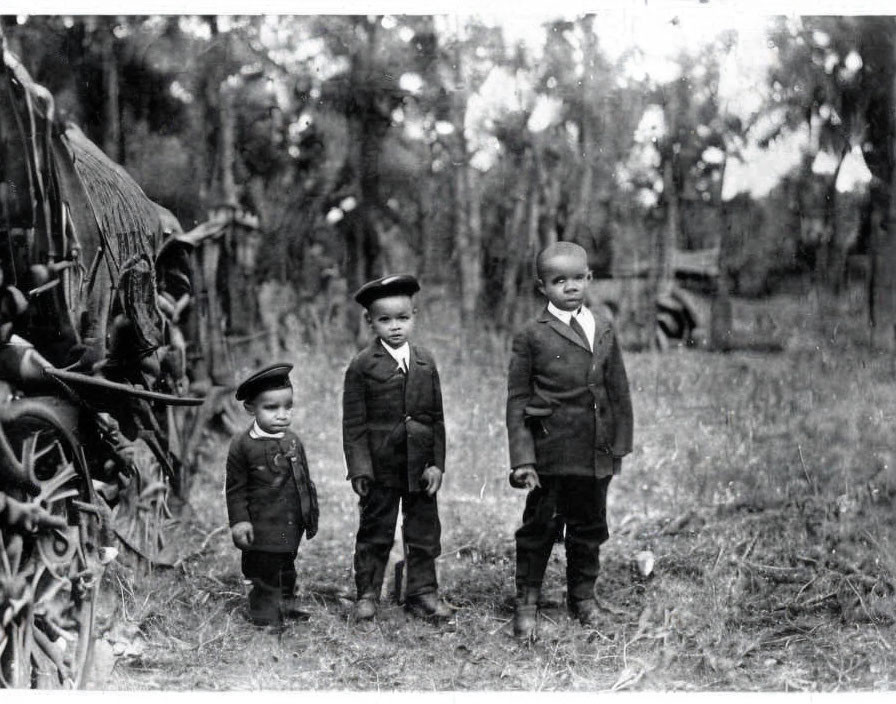 Vintage-suited boys in wooded area with old wagon