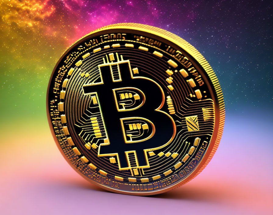 Golden Bitcoin against colorful cosmic background symbolizing digital currency