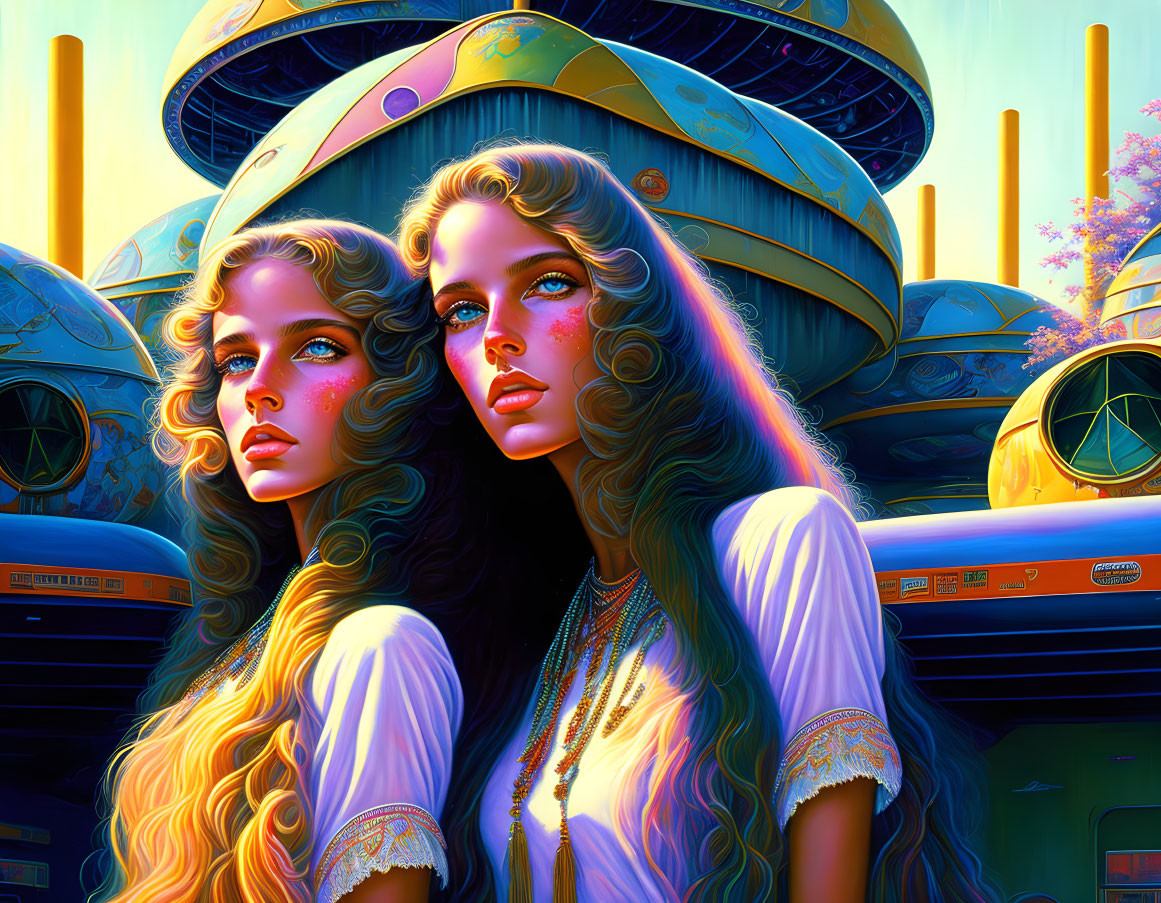 Identical women with long wavy hair in futuristic backdrop