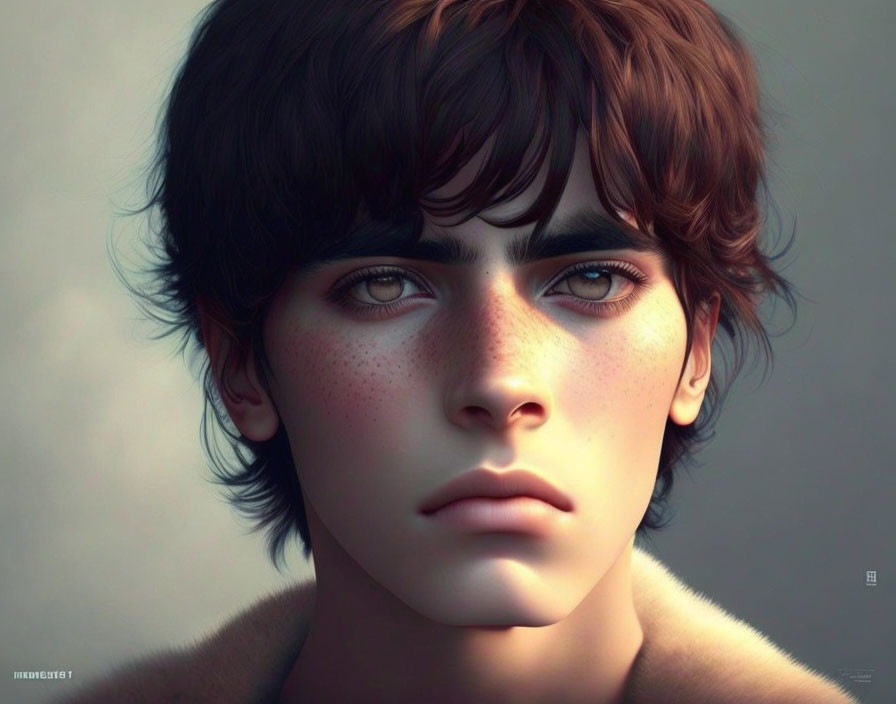 Young male digital portrait with messy brown hair, intense eyes, freckles, and fur-lined garment