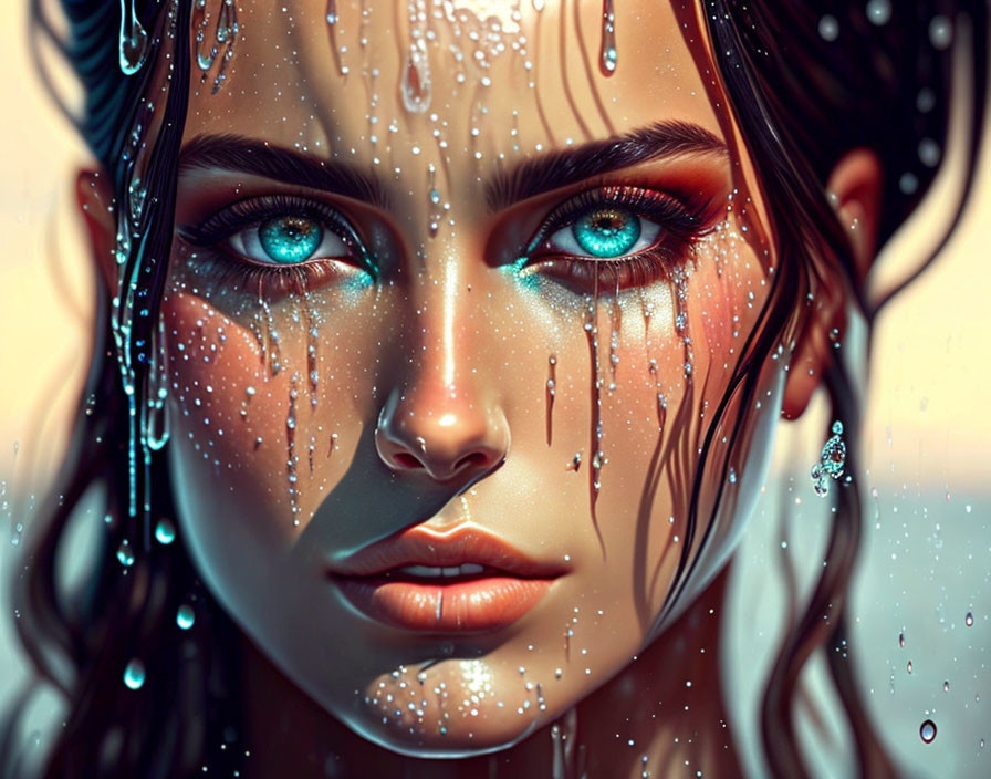 Detailed Close-Up of Woman's Face with Blue Eyes and Water Droplets